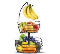 Mutool 2-Tier Fruit Racks, Metal Countertop Fruit Vegetable Bowls with Banana Hanger, Perfect for Holding Vegetables, Eggs, Snacks (Black)