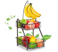 Mutool 2 Tier Fruit Racks with Banana Hanger Desktop Fruit Bowls Metal Fruit Basket Storage Rack Keeps Fruits and Vegs Fresh (Bronze)
