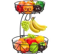 Mutool 2-Tier Metal Fruit Bowl & Rack - Keeps Fruits & Vegs Fresh with Banana Hanger (Black)