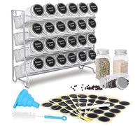 Mutool 4 Tier Spice rack Free standing Metal Kitchen Shelf,Plastic Spice Bottle Jars Storage Tidy Condiment holder for Countertop Cabinet, with 24 Spice jars,80 labels,1 pen,1 funnel(Silver grey)