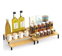 Mutool Cabinet Spice Rack Shelf Organiser 3 Tier Extendable Spice Holder Free Standing kitchen cabinet organiser spice stand Bamboo for Kitchen Pantry Cabinets, Natural and Black Set of 2