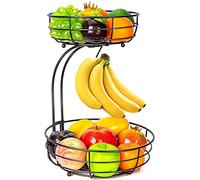 Mutool Fruit Basket, 2-Tier Fruit Bowl with Banana Hanger, Kitchen Countertop Rack, Metal Bowls Perfect for Holding Fruit, Vegetables, Snacks, Cupcakes (Black)