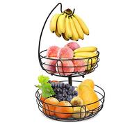 Mutool Fruit Basket with Banana Hanger 2 Tier Fruit Racks Banana tree Detachable Wire Fruit Bowls Countertop Kitchen Storage Basket for Fruits Vegetables Snacks Breads Eggs, Black