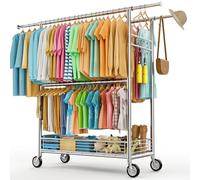 Mutool Heavy Duty Clothes Rail with Wheels, Extendable Clothes Rack with 3 Hanging Rails, 8 Coat Hooks, and Metal Storage Shelf, Portable Clothing Garment Rail for Bedroom, Holds Up to 160kg (Chrome)