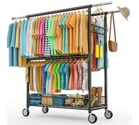 Mutool Heavy Duty Clothes Rail with Wheels, Extendable Clothes Rack with 3 Hanging Rails, 8 Coat Hooks, and Metal Storage Shelf, Portable Clothing Garment Rail for Bedroom, Holds Up to 160kg (Black)