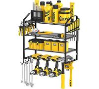 Mutool Power Tool Organizer Storage Rack Wall Mount Drill Holder for 4 Power Drill Tools, Mesh anti-drop design, Tool Shelving with Side Screwdriver Rack and hooks for Garage, Workshop (Black)