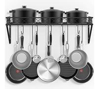 Mutool Wall Mount Pot Pan Racks, 70CM Saucepan Hanging Racks Utensils Hanging Shelf, Pan Rack for kitchen, Metal Cookware Organiser with 10 Hooks, Black