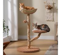 MUTTROS Modern Wood Cat Tree with Wicker Basket Bed & 2 Balls, Brown | Real wood branches, Wicker basket bed, Sisal posts, 2 hanging balls, Solid wood build, For indoor cats