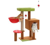 MUTTROS Mushroom Cat Tree with Sisal Scratching Posts, 90 cm, Cute Cat Tower with Large Green Perch, Soft Red Hammock and Mushroom Dangling Ball, for Small Medium Cats, Brown