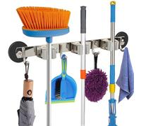 MUTUACTOR Magnetic Broom Holder, Non-Slip Heavy Duty Broom and Mop Hanger Metal Tool Holder 3 Racks and 4 Hooks for Laundry Garage Kitchen Workshops Organisation and Storage (1 Set)