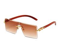 MUTYNE Rimless Rectangle Sunglasses for Men Women Wood Grain Temples Gold Metal Leopard Decor Luxury Square Sun Glasses Re