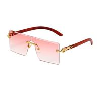 MUTYNE Rimless Rectangle Sunglasses for Men Women Wood Grain Temples Gold Metal Leopard Decor Luxury Square Sun Glasses Re