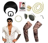 MUU Final Boss Costume Set,Funny 90s Meme Cosplay Kit with Bowl Cut Wig Hairnet Goatee Sunglasses Tattoo Sleeves Gold Chain & Ring,Retro Rave Outfit for Halloween Cosplay Carnival Party