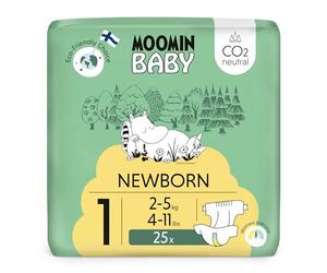 Muumi Baby Newborn Eco Nappies Size 1, 2-5 kg (4-11 lbs), 25 Sensitive Premium Diapers with Wetness Indicator | Soft and Skin Friendly, No Unnecessary Chemicals |