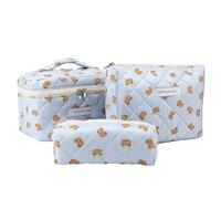 MUUQANYU 3PCS Coquette Makeup Bag，Quilted Cosmetic Bag Large Make Up Bag Set，Quilted Portable Toiletry Organizer Bag，Cotton Travel Skincare Bag for Women Girls, Multicolor, 06-cute Bear