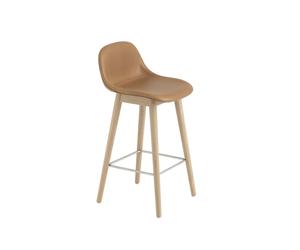 Muuto Fiber barstool with backrest 65 cm Leather refine cognac-oak legs