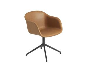Muuto Fiber Dining Chair w. Armrests & Swivel Base Leather Upholstered Cognac/Black