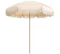 Muuyorr 180cm Sunshade With Tilting Function, Retro Tassel Garden Umbrella, Pink Striped Tassel Parasol, Beach Parasol Patio, Solid Wood Shaft, UV Protection, No Base(Pink and white stripes)