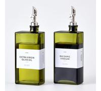 MUVEKA Olive Oil Dispenser Bottle for Kitchen, 16.9oz /500ml Cooking Vinegar Dispenser Bottle Set, Glass Sauce Container, Labels, Brush, Funnel, Stoppers, Green for Oil, Wine