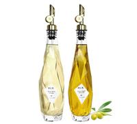MUVEKA Olive Oil Dispenser Set - 2 x 11.8 oz Glass Dispenser Bottles with Auto-Flip Spout - Modern Golden Diamond-Shaped Design - Kitchen, BBQ, Picnics, Camping