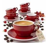 MUVELL 6 x Espresso Cups | Red | Italian Style | Thick-Walled & Heavy | Dishwasher Safe | Espresso Set of 6 with Saucers - Gift Set