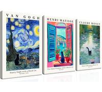 MUWAK Framed Black Cat Canvas Wall Art Set of 3 - Van Gogh Matisse Monet Inspired Paintings Art Prints, Funny Cat Aesthetic Pictures for Living Room Bedroom Bathroom - 12x16in