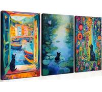 MUWAK Framed Funny Monet Black Cat Canvas Wall Art - Whimsical Matisse Cat Artwork Prints Wall Decor, Cute Animal Aesthetic Garden Pictures for Living Room Bedroom Kids' Room - 12x16in