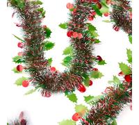 MUWOOB 33 Ft Christmas Tinsel Garland, Green Glitter Xmas Tree Decorations with Frost Tip Leafs and Red Berry Shapes, Metallic Fluffy Hanging Party Ornaments for Ceiling Stairs