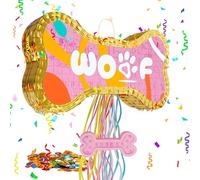 MUWOOB Dog Bone Pinata for Puppy Birthday Party Decorations, Pull String Pinata for Dog Themed Party Supplies, Golden and Pink Bones (16.5 x 9 x 3 inches)