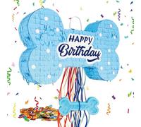 MUWOOB Dog Bone Pinata for Puppy Birthday Party Decorations, Pull String Pinata for Dog Themed Party Supplies, Blue Bones (16 x 10 x 3 inches)