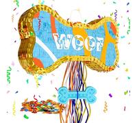 MUWOOB Dog Bone Pinata for Puppy Birthday Party Decorations, Pull String Pinata for Dog Themed Party Supplies, Golden and Blue Bones (16.5 x 9 x 3 inches)