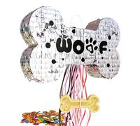 MUWOOB Dog Bone Pinata for Puppy Birthday Party Decorations, Pull String Pinata for Dog Themed Party Supplies, Silver Bones (16 x 10 x 3 inches)