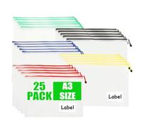 MUXHEL 25PCS A3 Zip Wallets Colorful A3 Plastic Wallet with Label Pocket Plastic Zip Wallets a3 Mesh Document Wallet for School Office Homework Travel Storage Bag