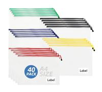 MUXHEL 40PCS A4 Plastic Zip Wallets, Colorful Zip Lock Bags A4 Mesh Document Wallet with Label Pocket, A4 Folder Plastic Zipper Bags for School Office Homework Travel Storage Bag