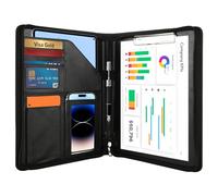 MUXHEL Conference Folder A4 Zipped Portfolio Folder A4 Leather Document Folder Black Leather Folders for Documents A4 Work with Clipboard, Pockets, Pen & Card Holder