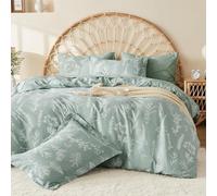MUXHOMO Duvet Cover Full Size, 3 Pieces Green Duvet Cover Floral Botanical, Microfiber Soft Full Bedding Set with Zipper Closure 4 Ties and 2 Pillow Cases(80"×90")