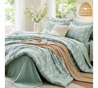 MUXHOMO Queen Comforter Set 7 Pieces, Sage Green Bed in a Bag Queen Reversible Botanical Flowers Design, Ultra Soft & Breathable Bedding Sets with Comforter, Sheets, Pillowcases & Shams