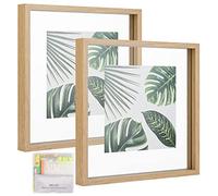 MUYE Rustic Square Glass Floating Frames, 12x12 Picture Frame for Photos up to 12x12 Inch Wall Mounted or Table Mounted, Set of 2, Natural Wood