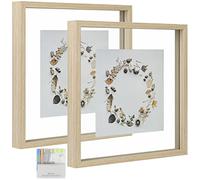 MUYE Square 12x12 Floating Frame in Light Oak,Double Glass Picture Frame Display Photo up to 12x12,Wall Mount or Tabletop Standing with Hanging Hardware Included,2 Pack
