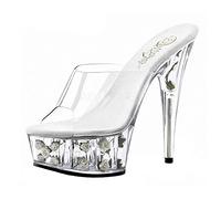 MUYEY Womens Super High Heel Crystal Bottom Slippers,15Cm Ladies Party Catwalk Pole Dance Shoes, Stiletto Heel Platform Transparent Sandals Summer Plus Size Unisex,White,40