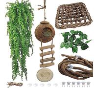 MUYG 6PCS Crested Gecko Coconut Hut, Lizard Coco Den with Ladder and Reptile Hammock Bearded Dragon Tank Accessories Climbing Hanging Plants Jungle Vine Flexible Reptile Leaves Decor