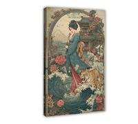 MUYGGAFF Japanese Geisha Kimono Woman Dragon Tiger Coastal Temple Canvas Poster Bedroom Decor Landscape Office Room Decor Gift 12x18inch(30x45cm)