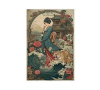 MUYGGAFF Japanese Geisha Kimono Woman Dragon Tiger Coastal Temple Canvas Poster Bedroom Decor Landscape Office Room Decor Gift 08x12inch(20x30cm)