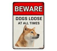 MUYIASER Beware Of Dogs Loose At All Time Sign Shiba Inu Warning Sign Aluminum Metal Tin Signs Outdoor Yard Sign Warning Sign For Fence Yard Home Kitchen Farm Garden Wall Decor 8x12 Inch