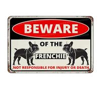 MUYIASER Beware Of The Dog Frenchie Sign Aluminum Metal Tin Signs Outdoor Yard Sign Warning Sign For Fence Yard Home Kitchen Farm Garden Wall Decor 8x12 Inch