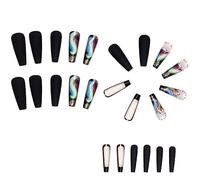 Muyilanc 24 Pcs Colorful Feathers False Nails Long Coffin Nail Tip Detachable on Nails DIY Manicure Glitter Nails