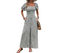 Muyin Floral Shirred Bodice Puff Sleeve Wide Leg Jumpsuit with Square Neck(Blue,XL)