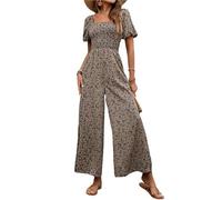 Muyin Vintage Floral Puff Sleeve Jumpsuit Shirred Bodice Wide Leg Pants(XL)