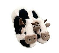 MUYOGRT Cow Slippers for Women - Fluffy Cartoon Animals Slippers Sliders, Winter Warm Memory Foam Slippers, Non Slip Cute Cozy Linen Slides, House Home Shoes for Girls Boys