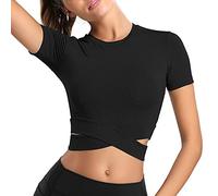 MUYOGRT Gym Tops for Women UK Crop Tops Sports Top Long Sleeve T-Shirts Crew Neck Cross Wrap Slim Fit Sexy Top Sports Yoga Training Gym T-Shirts